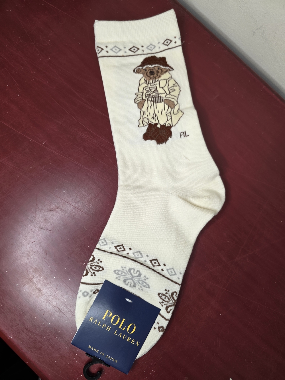 NWT Polo Ralph Lauren Polo Bear Crew Socks Western Print Cream Made in Japan